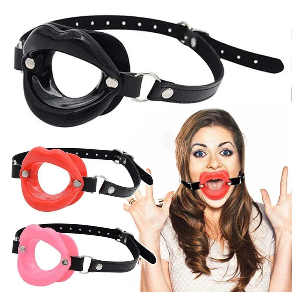 Adult games silicone lips O ring open mouth gag BDSM bondage restraint in black, red, and pink colors with adjustable straps.