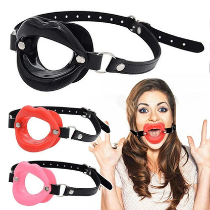 Adult games silicone lips O ring open mouth gag BDSM bondage restraint in black, red, and pink colors with adjustable straps.