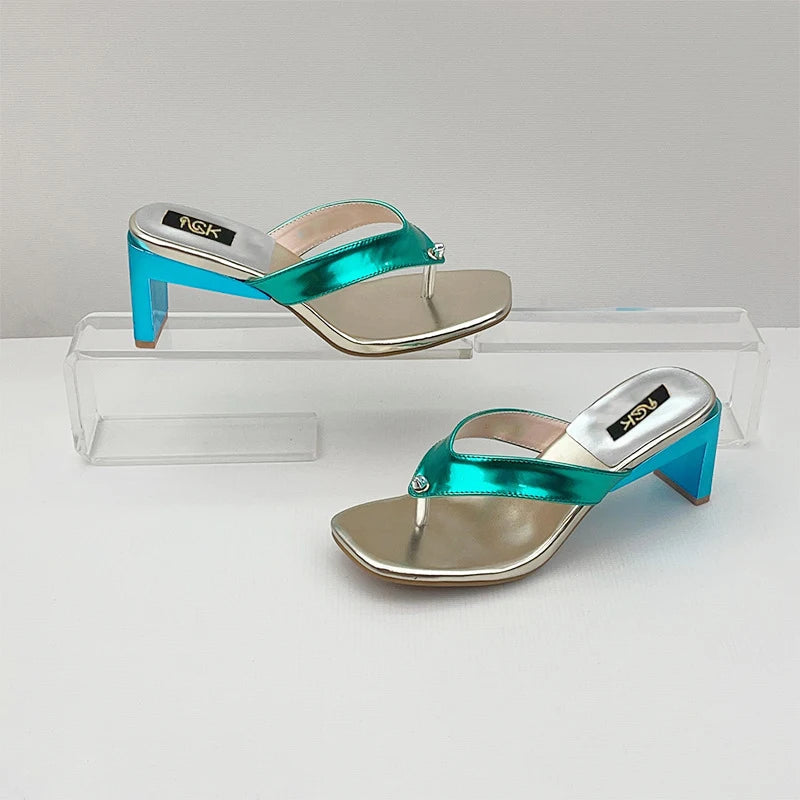 New Summer Style European and American Style Thong Sandals - Fashionable Women's Square Toe Plus Size Chunky High Heel Slippers Good Vibrations