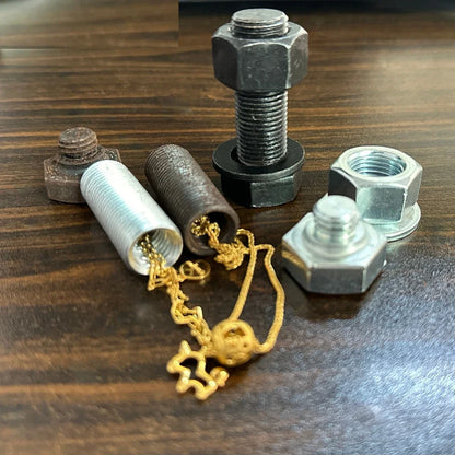 Metal screw bolt diversion safe for storing cash and small valuables.