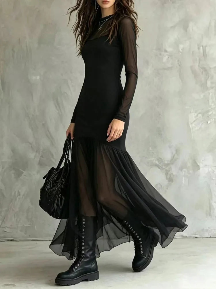 Women's Spring/Summer Outfit, Elegant Dress, Holiday Outfit, Casual Dress, Outing Dress, Mesh Dress, Long Sleeve Dress, Graduati Good Vibrations