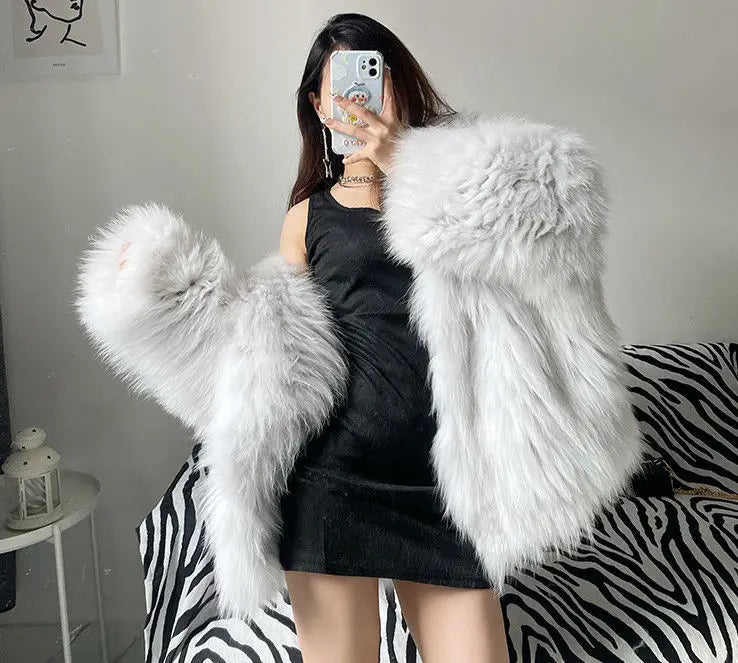 Faux Fur Jackets for Women Autumn Winter Short Bat Maxi Hooded Coats Warm Thick Coat Loose Open Stitch Jacket Y2k Streetwear Good Vibrations