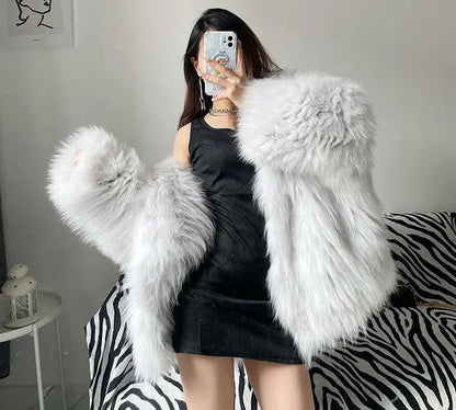 Faux Fur Jackets for Women Autumn Winter Short Bat Maxi Hooded Coats Warm Thick Coat Loose Open Stitch Jacket Y2k Streetwear Good Vibrations