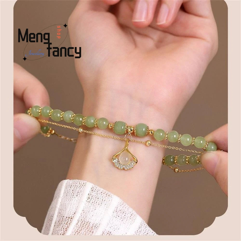 Natural Hetian Jasper Three Lifetimes Have Apricots Meet You Double Apricot Leaf Bracelet Exquisite Charm Luxury Fashion Jewelry Good Vibrations