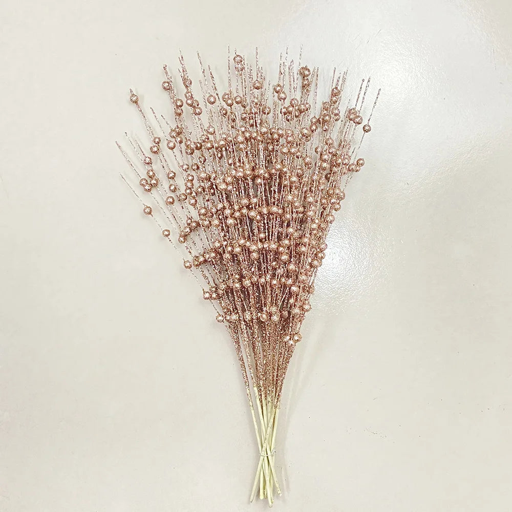 Christmas Tree Decoration, Fake Glitter Berry Leave, Dried Branch, Golden Powder, Flower Material, New Year Party, 1Pc, 12 Forks Good Vibrations