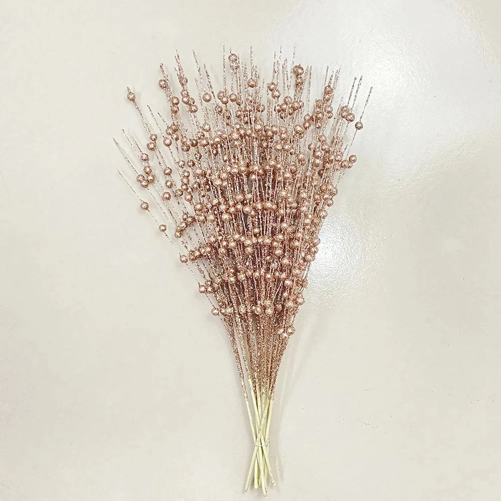 Christmas Tree Decoration, Fake Glitter Berry Leave, Dried Branch, Golden Powder, Flower Material, New Year Party, 1Pc, 12 Forks Good Vibrations