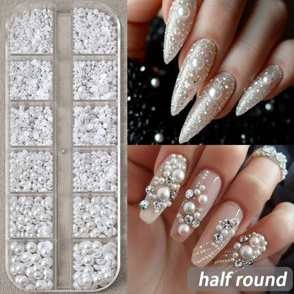 12grids Half Round Pearls Beads 3D Nail Charms 1.5/2/2.5/3/4/5mm White Flatback Pearls Nail Jewelry Nail Craft Pearl Rhinestones Good Vibrations