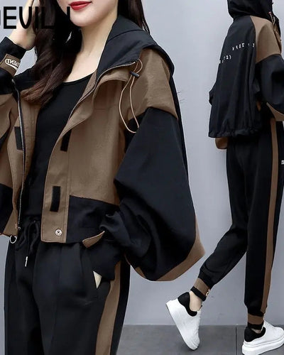 JOEVILU 2PCS Casual Tracksuit Loose Jacket Track Pants 2 Piece Sets Women's Outfits Spring/Autumn Korean Streetwear Leisure Suit Good Vibrations