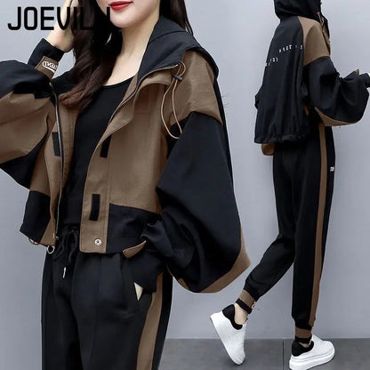JOEVILU 2PCS Casual Tracksuit Loose Jacket Track Pants 2 Piece Sets Women's Outfits Spring/Autumn Korean Streetwear Leisure Suit Good Vibrations