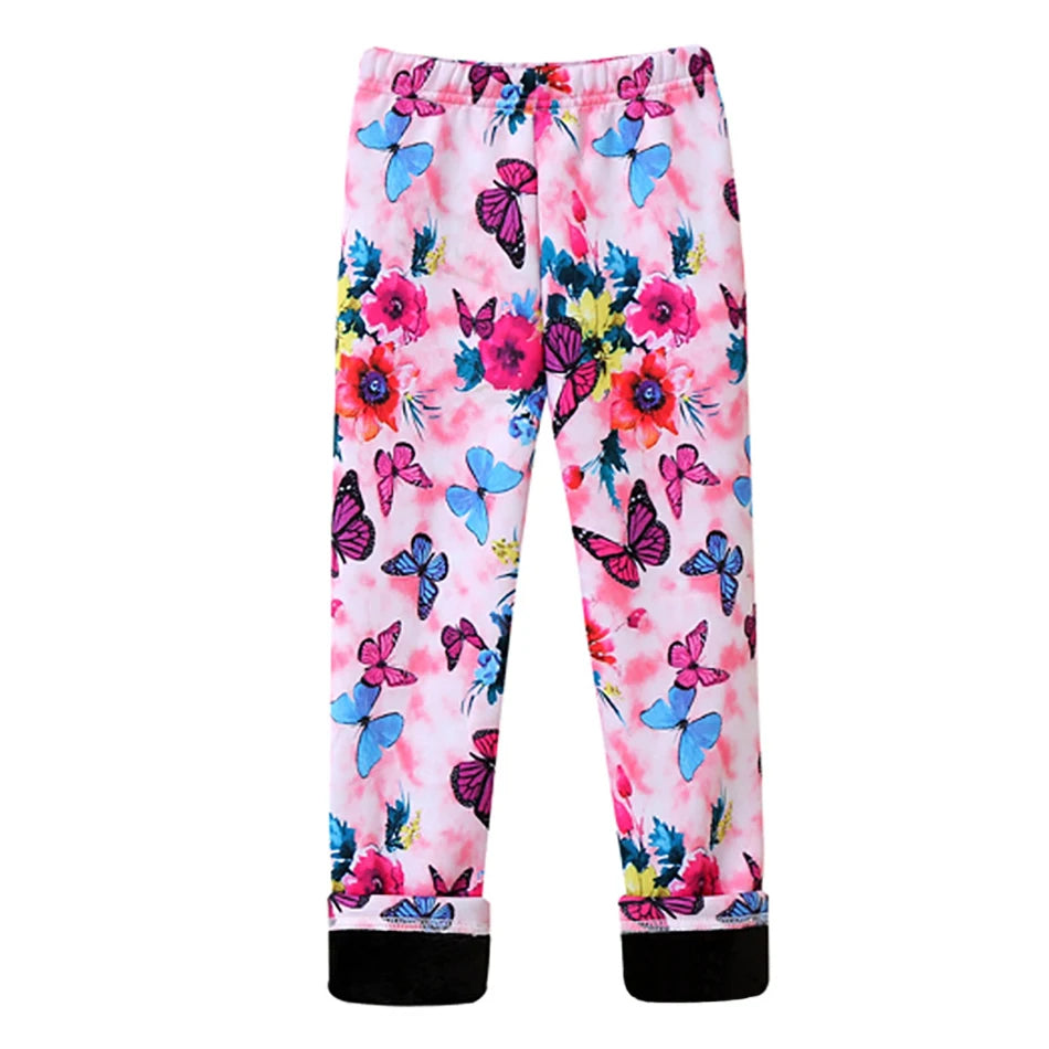 Girls Warm Plush Long Pants for Autumn Spring Cartoon Butterfly Striped Soft Cozy Leggings Fleece-Lined Bottoms Kids Casual Wear Good Vibrations