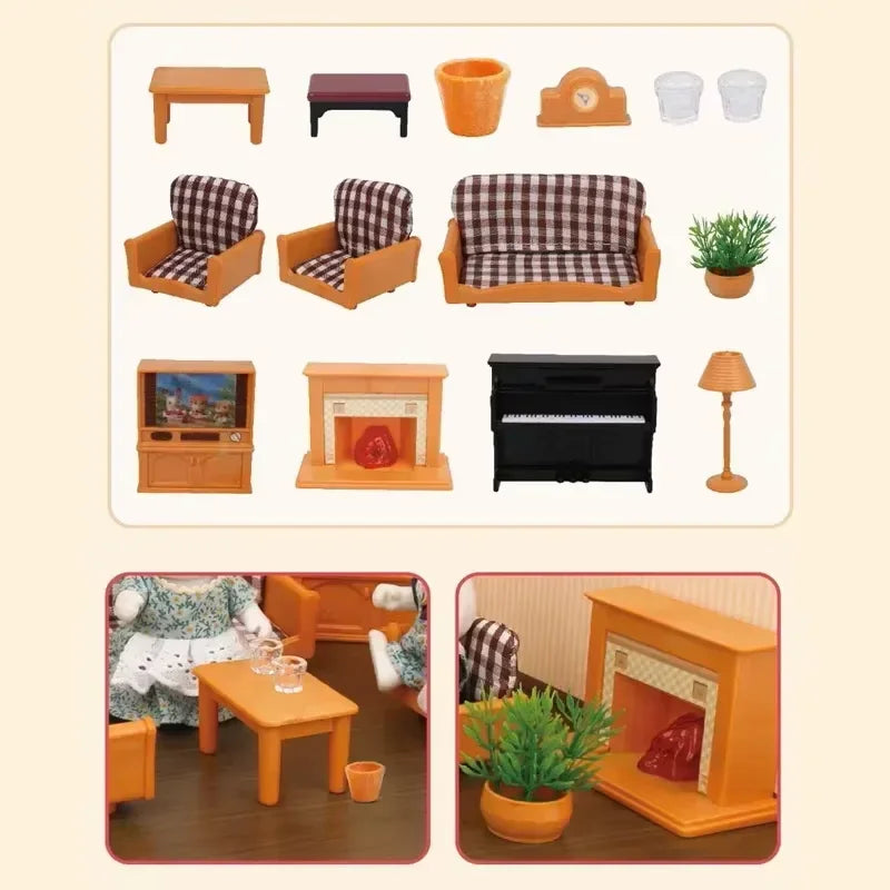 New Forest Family Microfilm Furniture Bathroon Kitchens Dining Bed Wardrobe Model Play House 1/12 Doll house Toys Birthday Gifts Good Vibrations