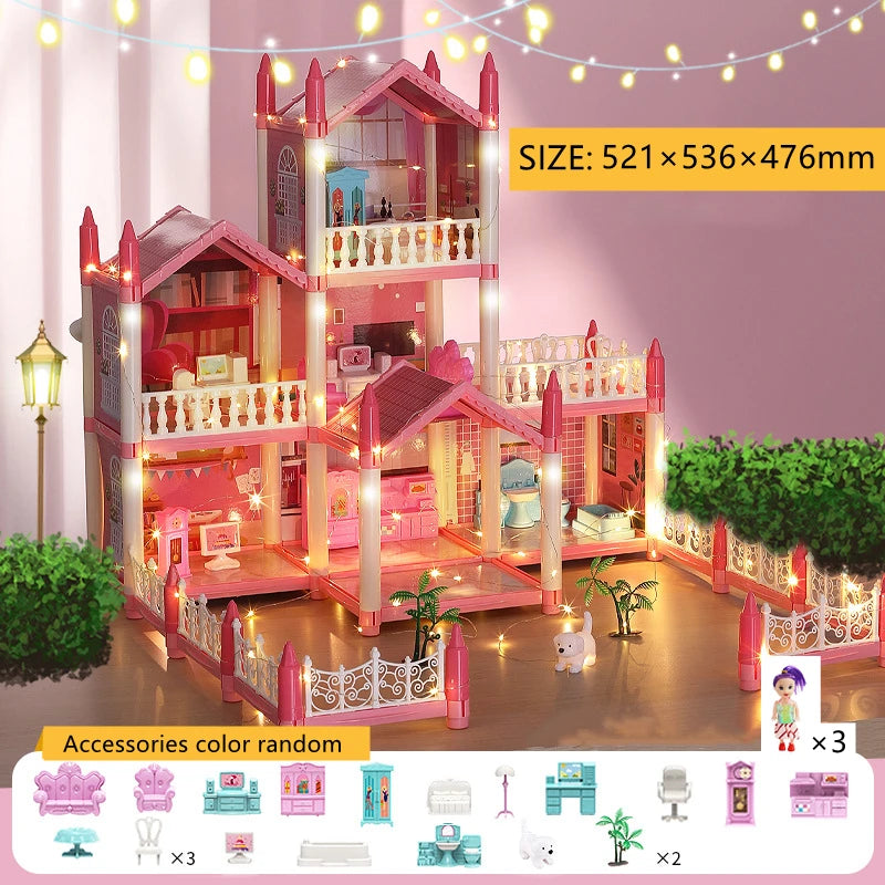 Doll Houses 3D Assembled DIY Miniatures Dollhouse Accessories Villa Princess Castle with LED Light Girl Birthday Gift Toy House Good Vibrations