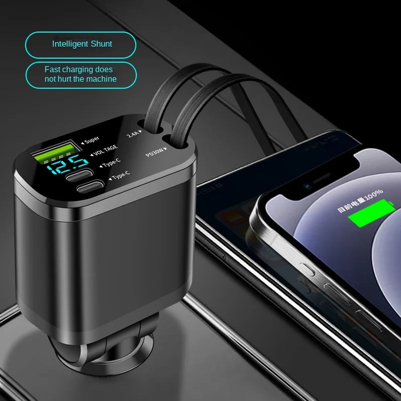 Car charger, car charger with retractable cable, car PD, car fast charging, super fast charging, flash charging, five in one cig Good Vibrations
