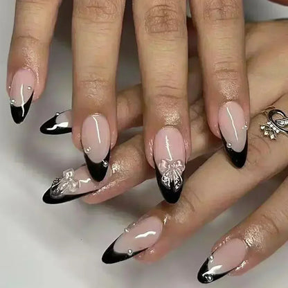 24Pcs False Nails Spicy Girl Silver Bow with Diamond Fake Nails with Glue Almond Press on Nails Black Cool Y2k Almond Nail Set Good Vibrations