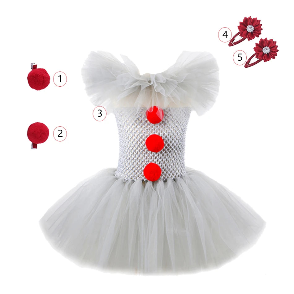 Halloween Costume For Kids Gray Girls Tutu Dress Kids Cosplay Scary Clown Costume Carnival Masquerade Party Dress Up 3-12Y Good Vibrations