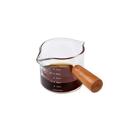1pc Glass Measuring Cup Wood Handle Glass Espresso Measuring Cup Double Single Mouth Milk Coffee Clear Mug Coffee Supplies Good Vibrations