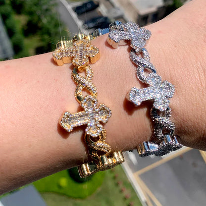 2025 New Men Boy Hip Hop Jewelry Iced Out Bling 5A CZ Multi Cross Charm X Shape Cuban Chain Charm Bracelet Gifts Good Vibrations