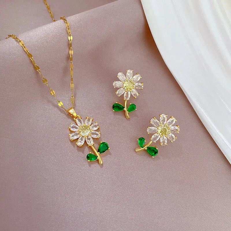 Classic Green Leaf Flower Necklace and Earrings Set Light Luxury Sunflower Personalized Banquet Stainless Steel Jewelry Good Vibrations Adult Super Store