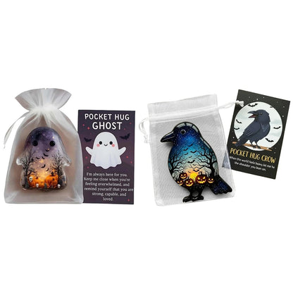 2Pcs Pockets Hug Ghost Halloween Acrylic Mini Ghosts Statue Inspirational Pocket Hug Ornaments With Positive Card For Party Gift Good Vibrations