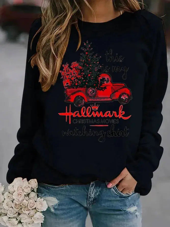 Christmas Tree Car Printed Long Sleeve Collar Loose Round Neck Hoodie Winter Autumn Graphic T Shirts  Women Clothing Good Vibrations