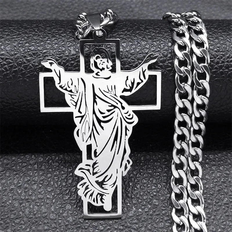 Hip Hop Punk Crown of Thorns Jesus Cross Necklace for Men Stainless Steel Gold Plated Crucifix Pendant Necklaces Jewelry N8052 Good Vibrations