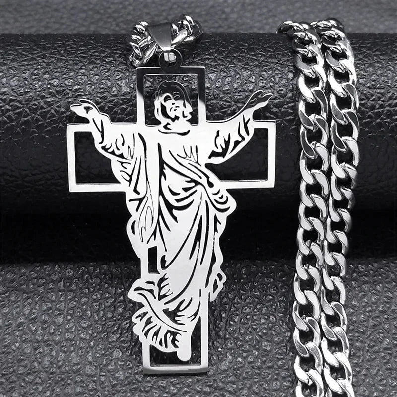 Hip Hop Punk Crown of Thorns Jesus Cross Necklace for Men Stainless Steel Gold Plated Crucifix Pendant Necklaces Jewelry N8052 Good Vibrations