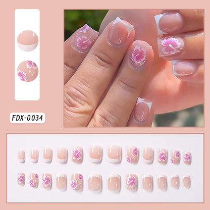 24Pcs Short Square Coffin False Nails French Glitter Wearable Fake Nails Acrylic Full Cover Women Ballet Press on Nails Tips Good Vibrations