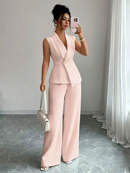 Women's Elegant 2 Piece Outfit Sleeveless V-Neck Single Button Blazer Vest and Wide Leg Pants Set Business Office Workwear Sui Good Vibrations