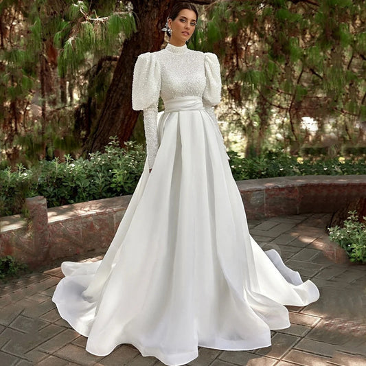 Exquisite High Neck Sequin Wedding Dress Puff Long Sleeves A-Line Floor Length with Belt Customized Sweep Train Bride Gowns Robe Good Vibrations