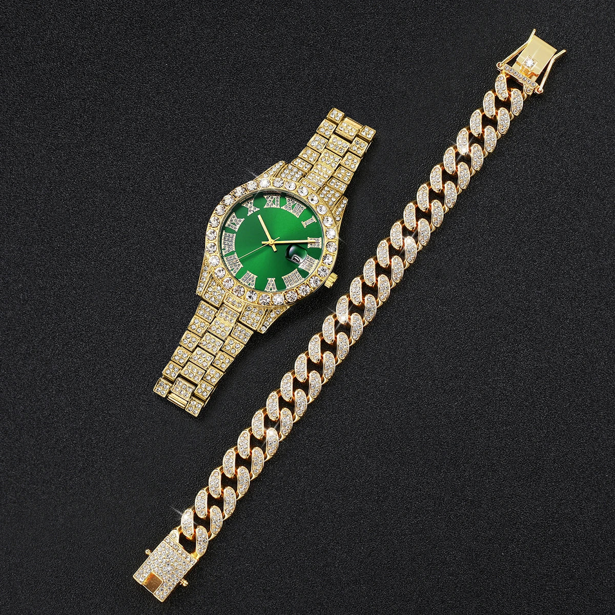 2PCS Luxury Rhinestone Men Watches Fashion Stainless Steel Band Male's Analog Quartz Watch Bracelet Set Relogios Masculino Good Vibrations