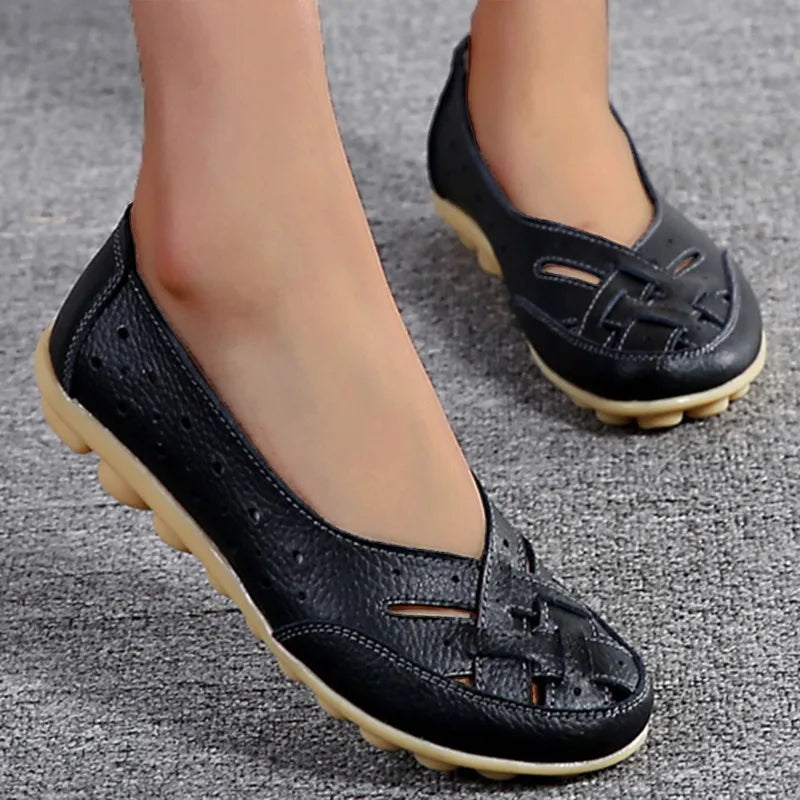Women Flats Genuine Leather Women's Loafers Nurse Shoes Hollow Shoes Women Slip On Women Shoes Footwear Ballet Flats Women Good Vibrations