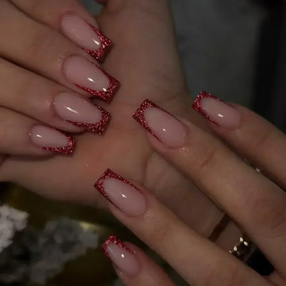 24Pcs Short Square Coffin False Nails Square Fake Nails with Glue French Glitter Wearable Acrylic Nails Set Press on Nail Tips Good Vibrations