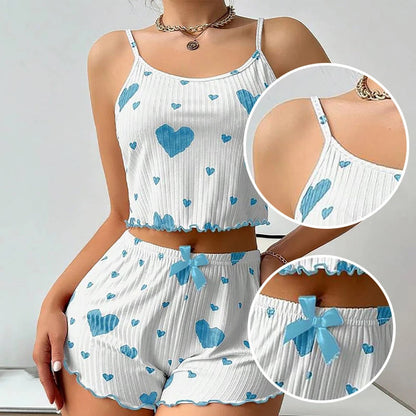 Women's Pajamas Set Sleepwear 2 PCS Short Tank Tops And Shorts S M L White Ventilate Soft Casual Love Printing Good Vibrations