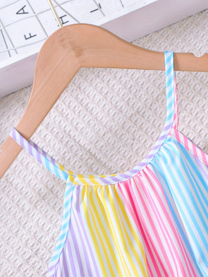 Girls' Summer Colorful Striped Ruffle Hem Dress Children's Summer Vacation Beach Play Suspender Dress Good Vibrations