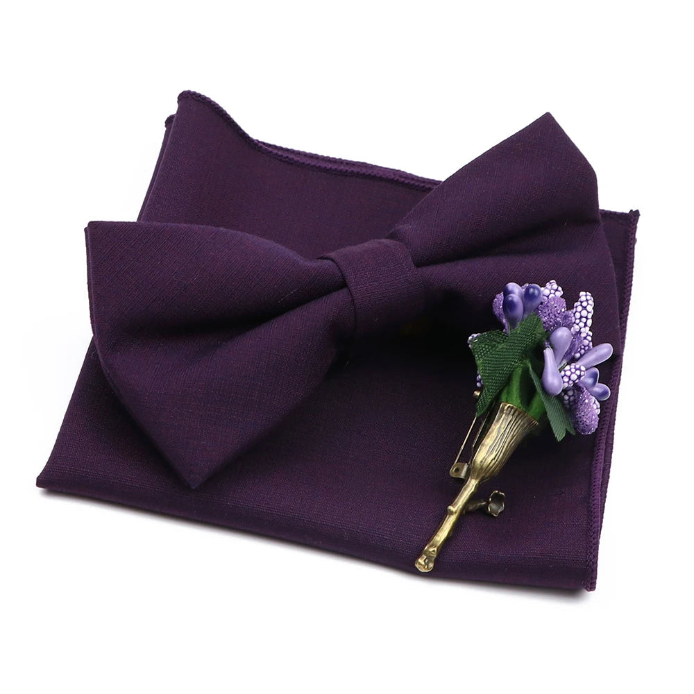 Mens Wedding Bowtie Brooch Set Romantic Solid Color Bamboo Fiber Bowknot Flower Lapel Pin Blue Pink Cravat Suit Shirt Accessory Good Vibrations