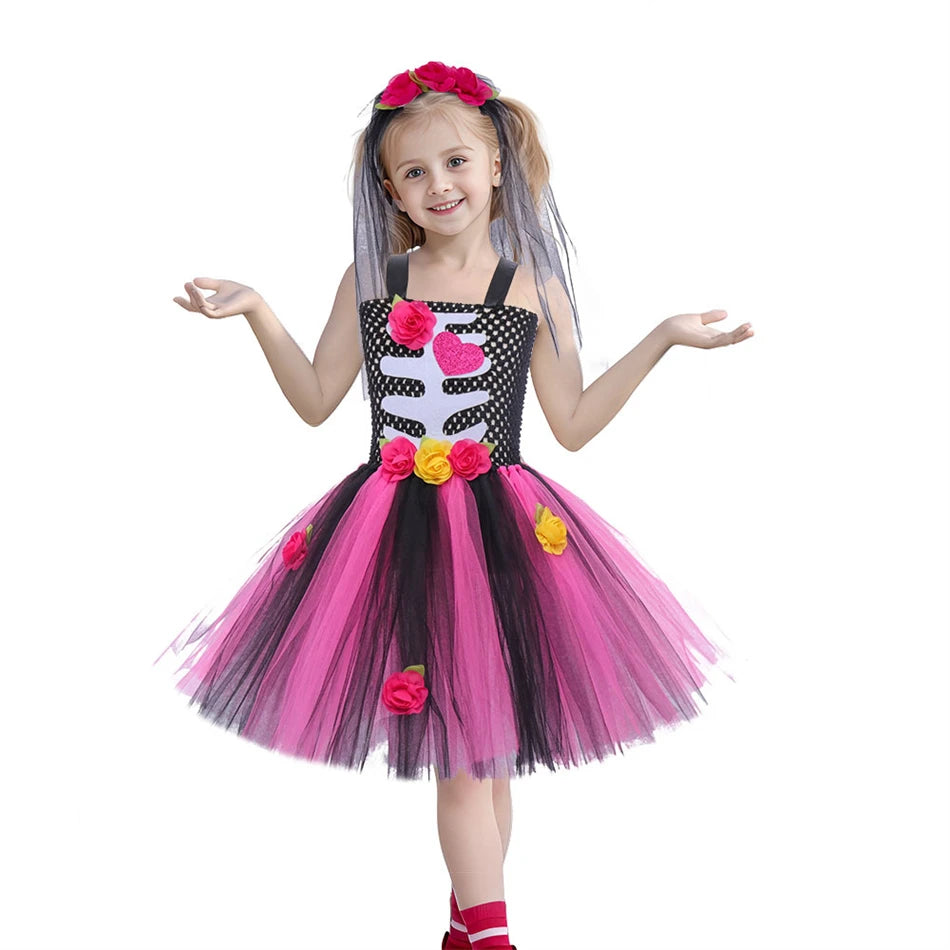 Halloween Kids Dress Cosplay Heart Print Skeleton Costumes Girls Floral Skull Tutu Clothes Children Carnival Performance Outfits Good Vibrations