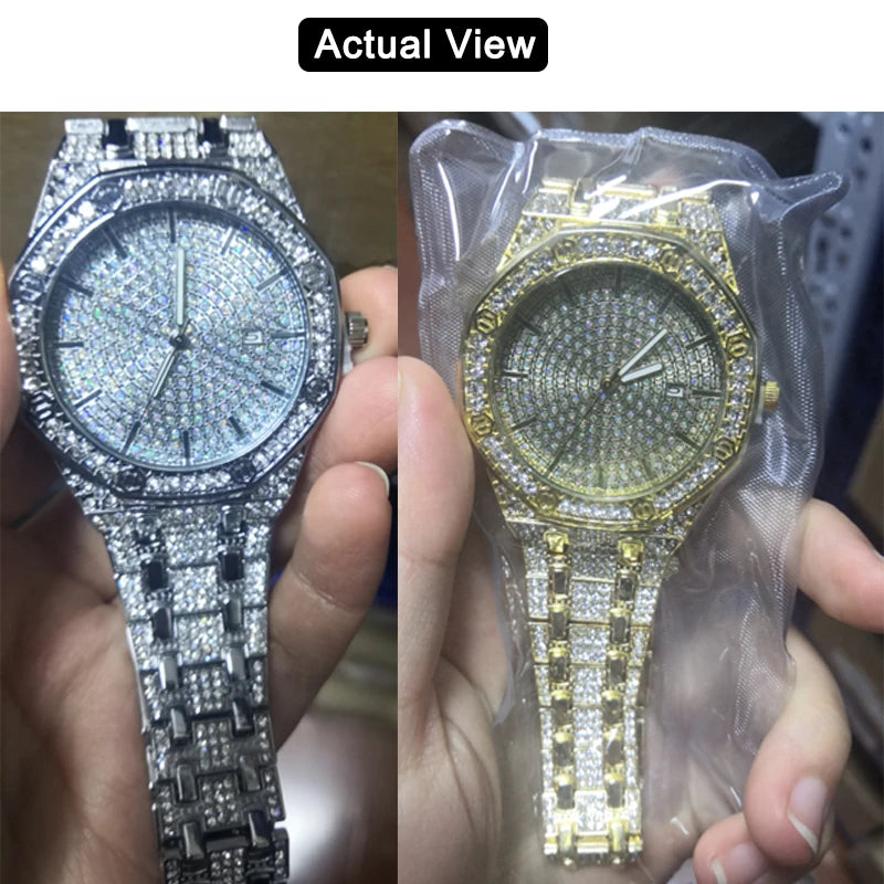 Iced Out Watch for Men Gold Watch for Men Hip Hop Fashion Cool Bling Bling Gold Diamond Luxury Mens Watch Dropshipping Relogio Good Vibrations