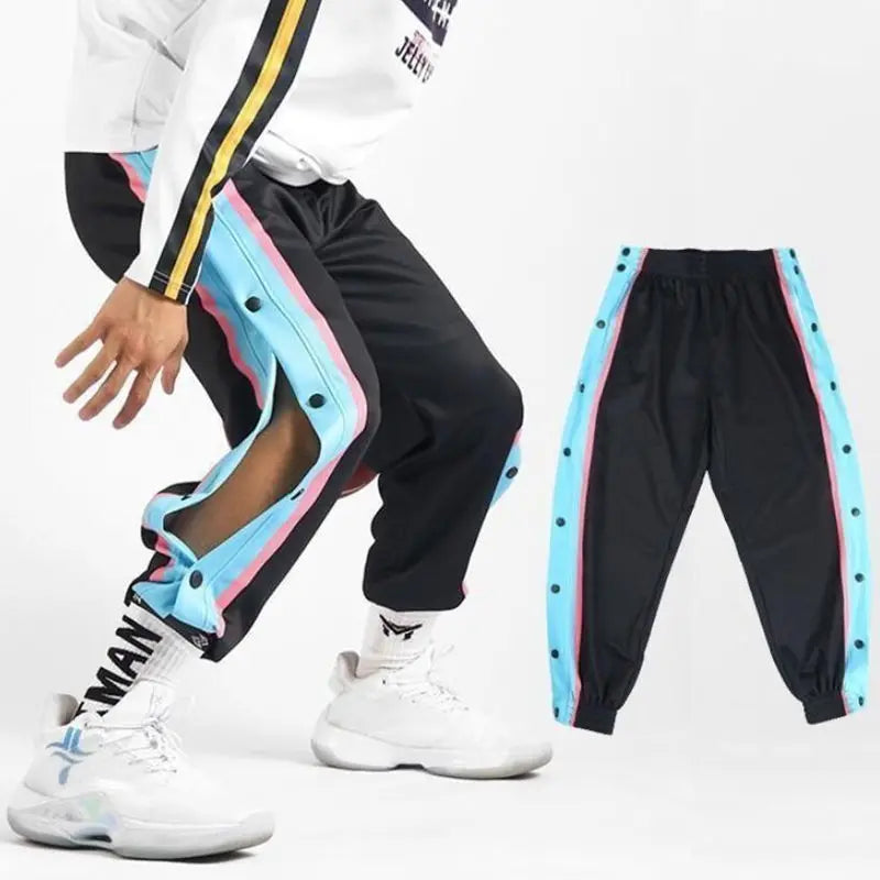 Harajuku Fashion Sports Men Pants Daily Outdoor Basketball Sweatpants Hollow Out Side Stripe Button Fly Design Creative Trousers Good Vibrations