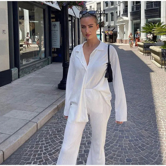 New Two Piece Set Women Outfits Pleated Women's Elegant  Drape Loose Sets Shirt High Waist Trousers Female Suit Fashion Casual Good Vibrations