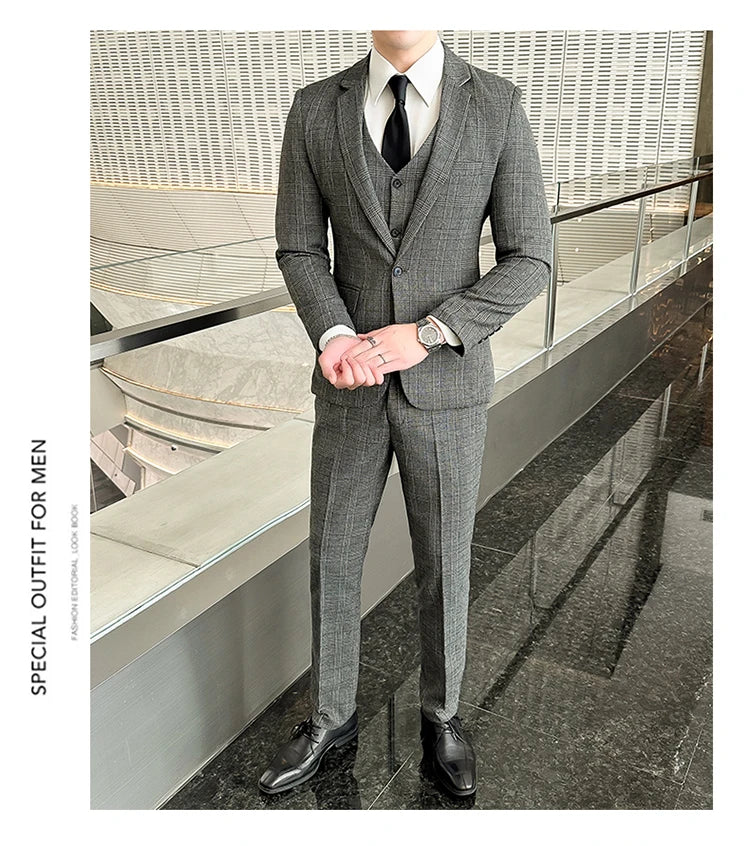 Quality Three-piece Suit Vest Trousers Set for Men Korean Fashion Slim Fit Business Casual Wedding Handsome Style