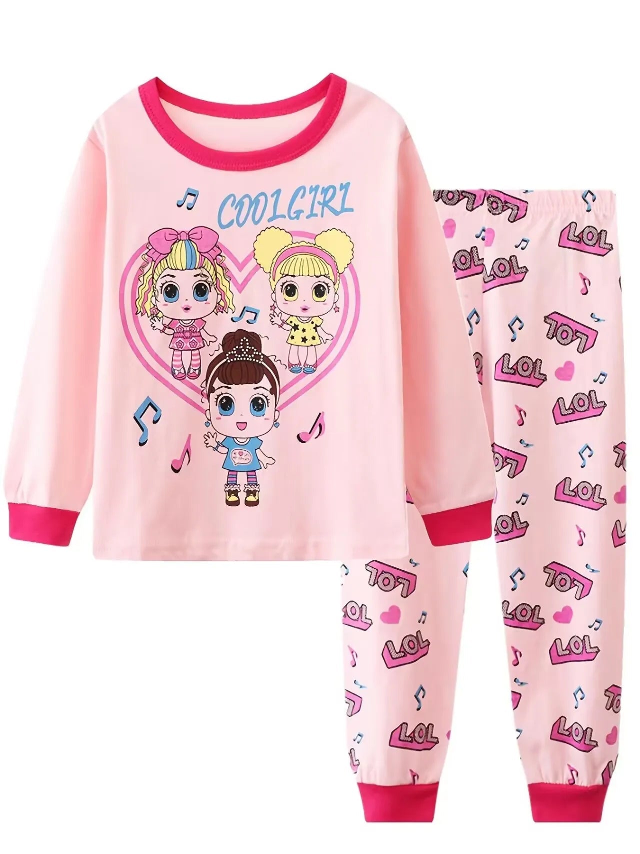 2pcs Girls Casual Cartoon Unicorn Print Crew Neck Pink Cotton Pajama Sets Good Vibrations