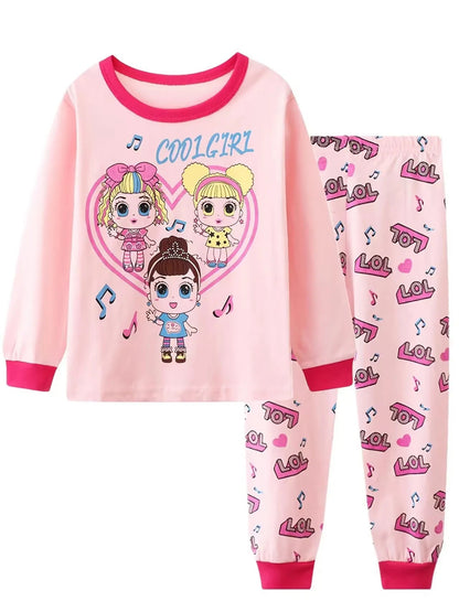 2pcs Girls Casual Cartoon Unicorn Print Crew Neck Pink Cotton Pajama Sets Good Vibrations