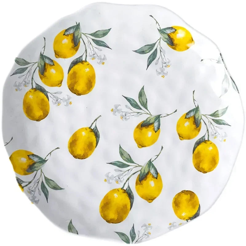 European Ceramic Plate Creative Rural Style Breakfast Bread Plate Hand Drawn Lemon Desktop Fruit Salad Plates Kitchen Tableware Good Vibrations