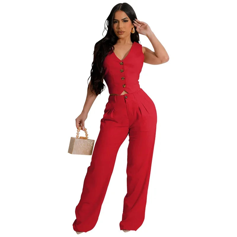 Fashion Elegant Two Piece Set for Women Workwear Office Lady Sleeveless Vest Single-breasted Top + Wide Leg Pants Business Suit Good Vibrations