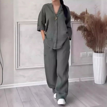 Muslim Sets Women 2 Piece Suit Shirt Wide Leg Pants Outfits 2025 Ensemble Button Lace Up Elastic Waist Blouse Straight Trousers Good Vibrations