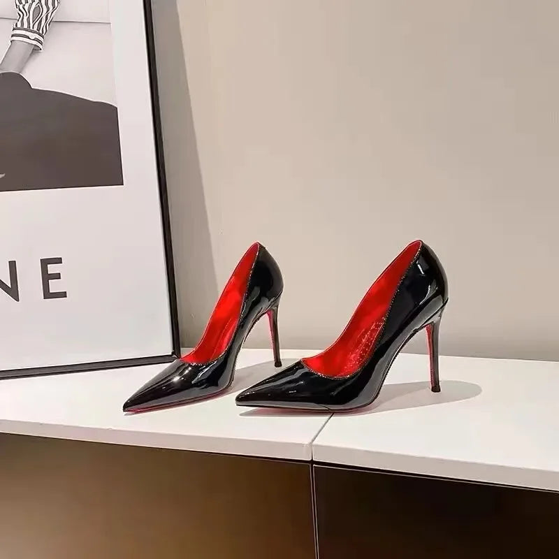 High Heels Women's Slim Heels New Stunning and Sexy Wedding Shoes Black Patent Pointed Single Shoes High Heels Туфли Женские Good Vibrations