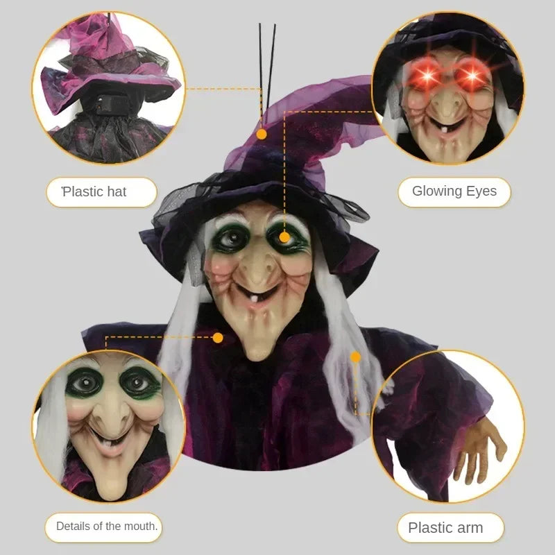 Halloween Hanging Witch Decor Skeleton with Sound Glowing Red Eyes Scary Talking Witch Halloween Decorations Haunted House Props Good Vibrations