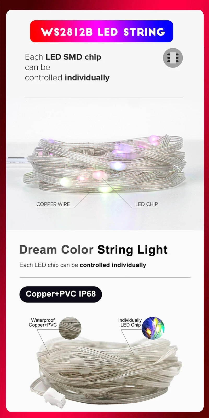 Christmas Tree Lights Outdoor Indoor, 100LED 10M WS2812B RGBIC Lights, String Lights IP65 Waterproof Bluetooth Fairy LED String Good Vibrations