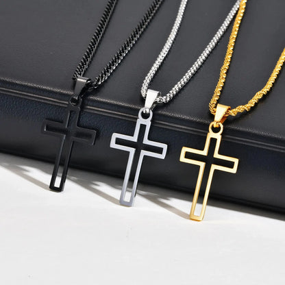 Casual Hollow Cross Necklaces for Men Boys,Waterproof Stainless Steel Cross Pendant Necklace,Religious Faith Prayer Jewelry Gift Good Vibrations