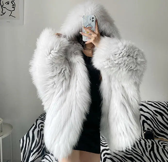 Faux Fur Jackets for Women Autumn Winter Short Bat Maxi Hooded Coats Warm Thick Coat Loose Open Stitch Jacket Y2k Streetwear Good Vibrations